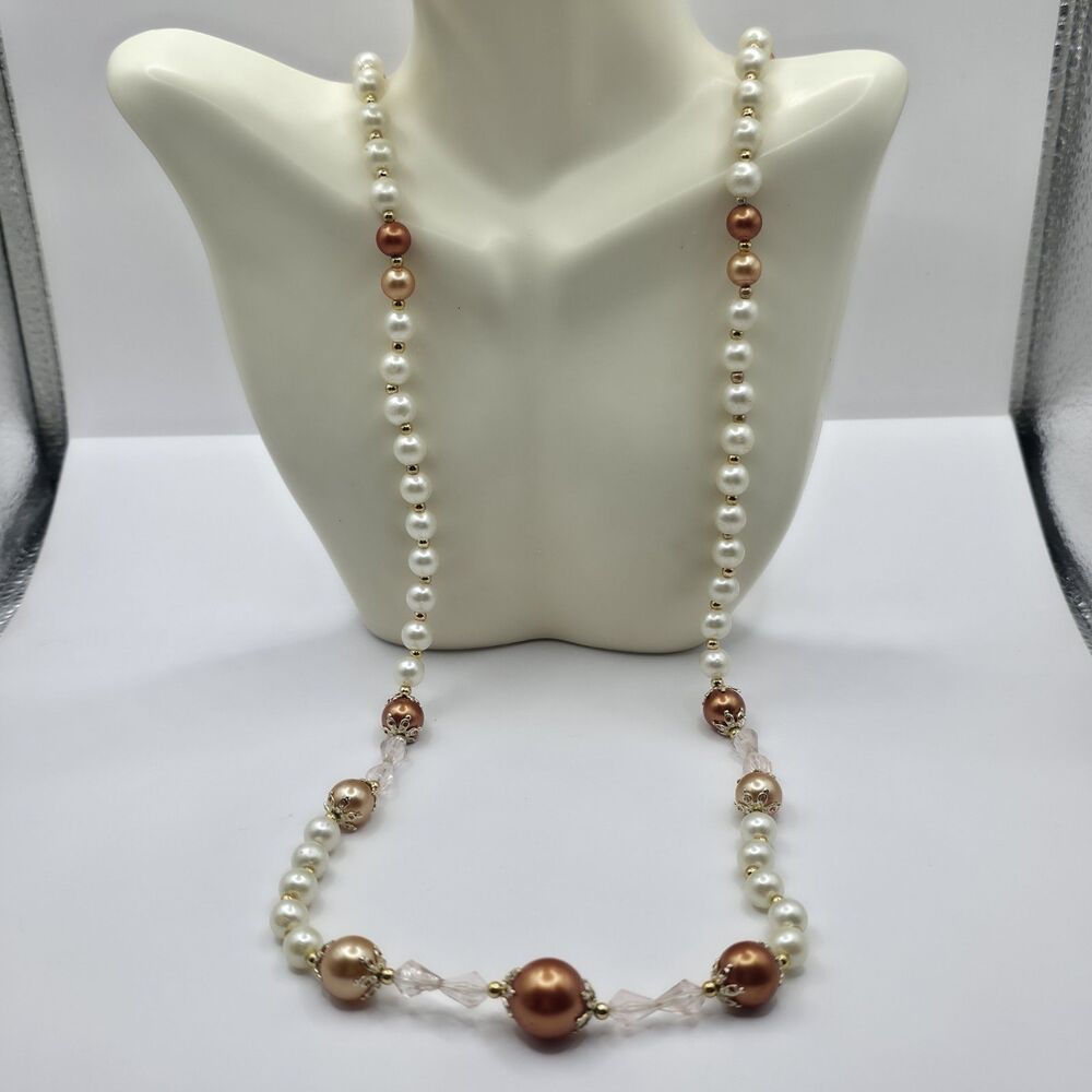 VTG Beaded Necklace Faux Pearl White,Cream,Rose,Clear Goldtone Spacers 34"
